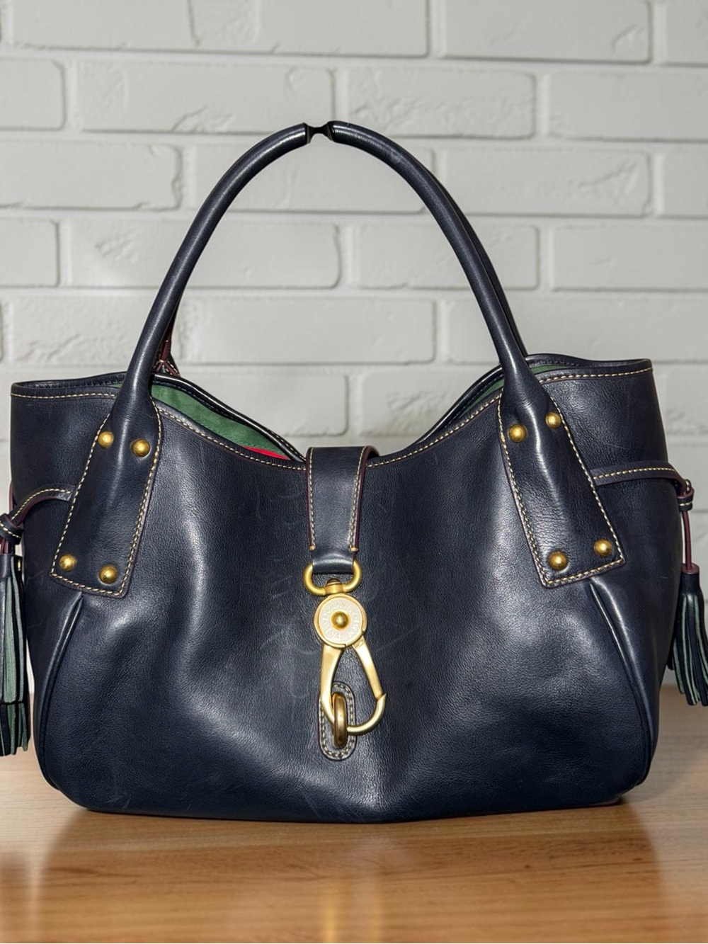 Dooney & Bourke Navy Florentine Leather Logo Lock Gold Hardware